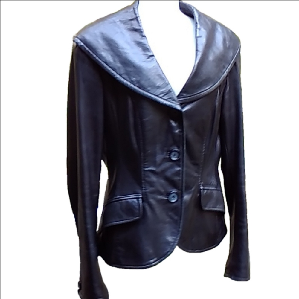 Vtg DANIER Genuine Leather Black Button Up Women's Tailored Jacket Size S